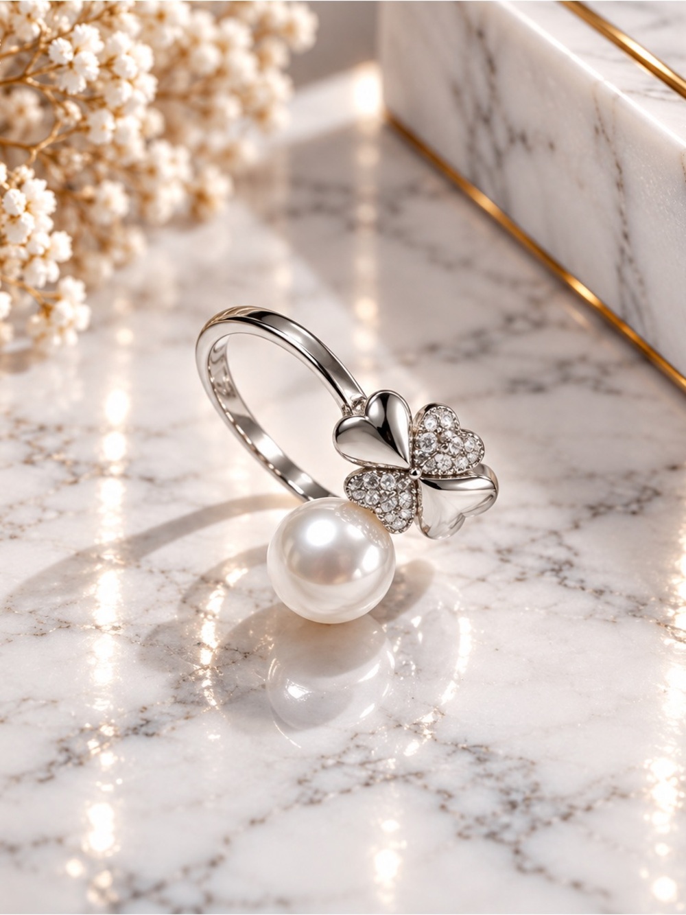 Sterling Silver 925 Adjustable Pearl Clover Ring - Elegant Women's Jewelry